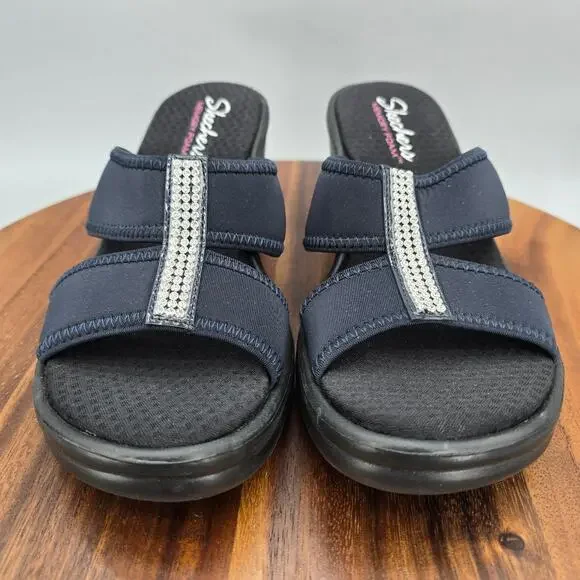 Skechers Sandals Womens 9 Black Dark Navy Rhinestones Rumblers Comfort Wedge - Picture 2 of 7